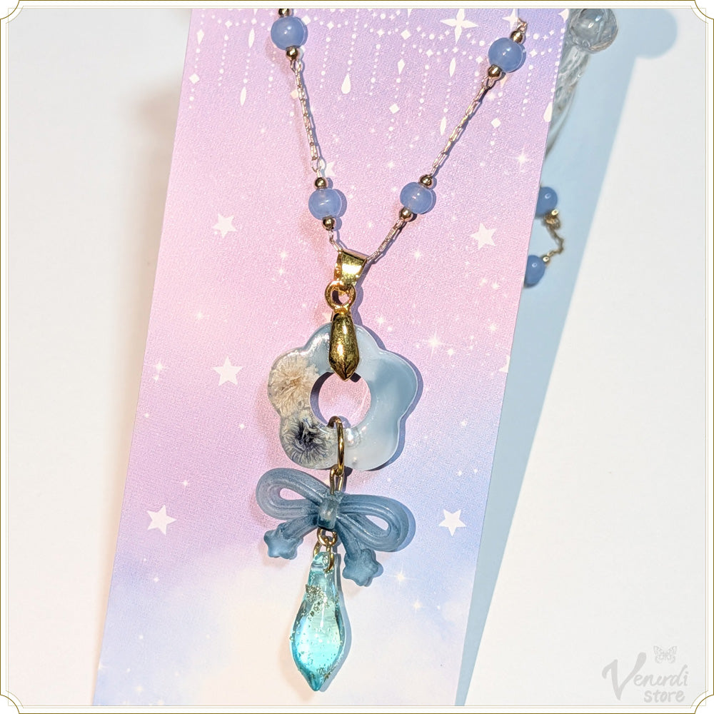 花花リボンのネックレス（ブルー・60cm）