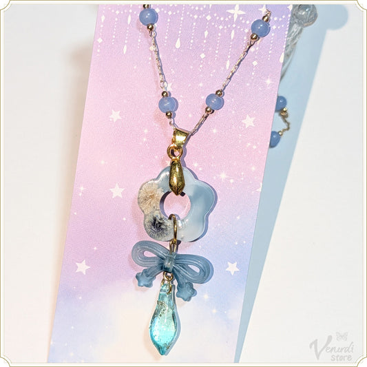 花花リボンのネックレス（ブルー・60cm）