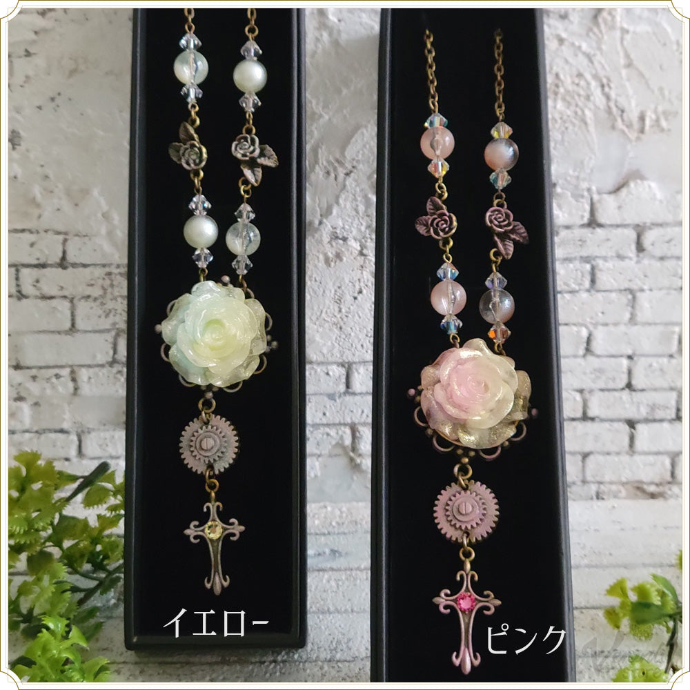 ビーズネックレス（薔薇・クロス・ピンク・イエロー）