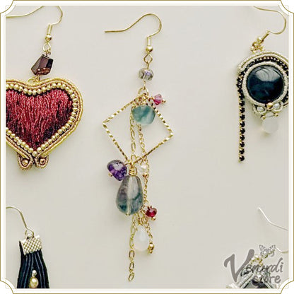 レインボーフローライトとアメジストのロングピアス