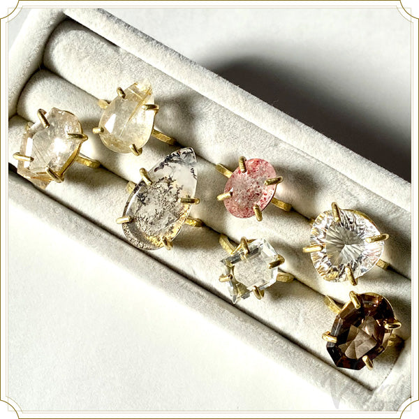 多角カット・ドロップローズカット ルチルクォーツ/ドロップスライスカット デンドリティッククォーツ/オーバルカット ストロベリークォーツ/多角カットクリスタルクォーツ・スモーキークォーツ/レーザートライアングルカットクリスタルクォーツ リング